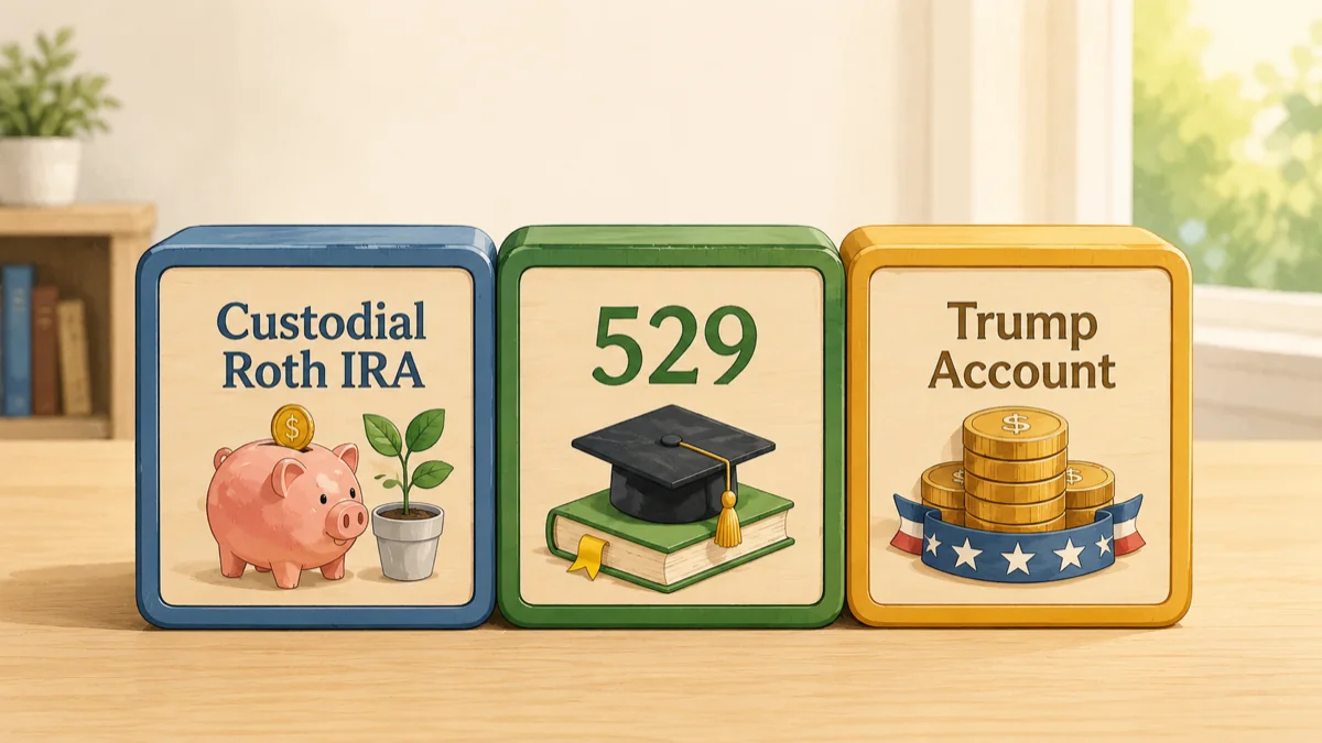 Three wooden blocks labeled Trump Account, Custodial Roth IRA, and 529 Plan, side by side under one roof